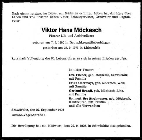 Moeckesch Viktor 1890-1976 Todesanzeige